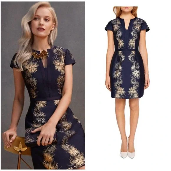 slim fit dress slacks Ted Baker Navy Blue Fantasia Bodycon Halter Floral Dress (TB 2 or US 6   The Wandering Wardrobe Truck